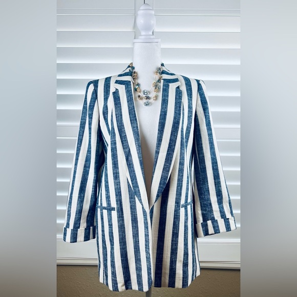 Linen Blend Blazer Sz. Med, by BAR III Cream/Navy Blue - Picture 2 of 10